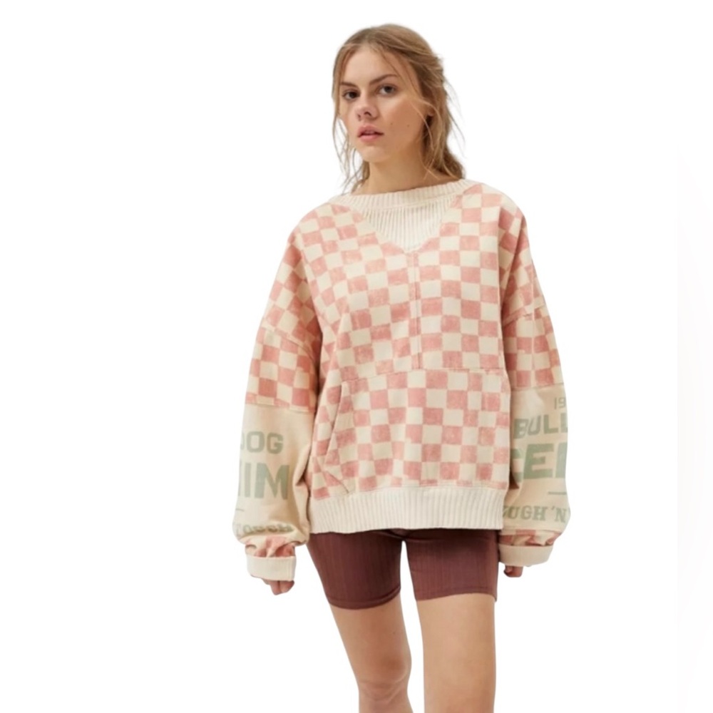BDG Avery Slouchy Sweatshirt Small Orange Cream Checkered Drop Sleeve Crew Neck